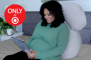 Snoogle Signature Back Support While Lounging in Peaceful Gray