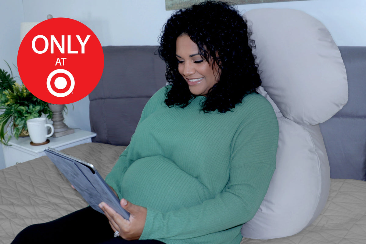 Snoogle Signature Back Support While Lounging in Peaceful Gray