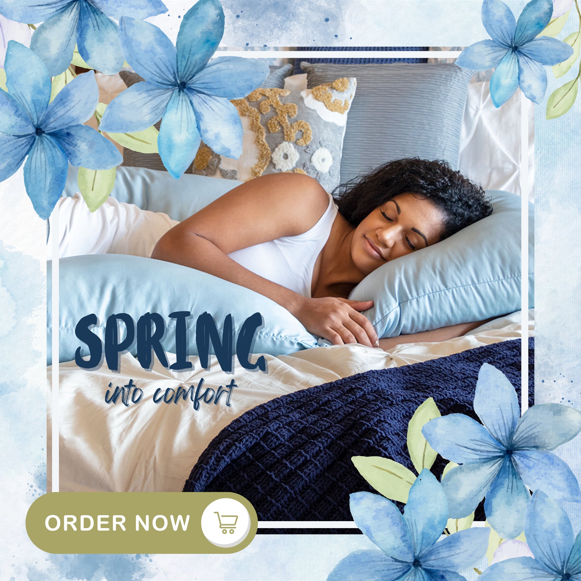 Spring into Comfort, Order Now with a U-Dream Body Pillow in Cool Blue with blue flowers and green leaves around border 