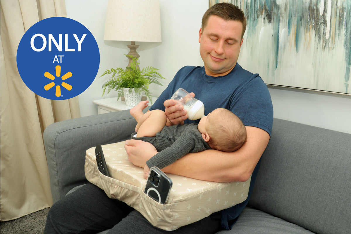 The Natural Nursing Pillow in Swiss Cream with Dad and Baby