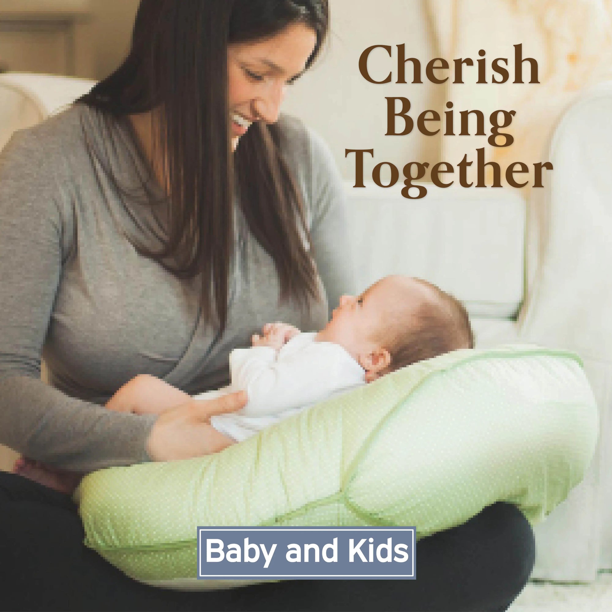 Cherish Being Together, Baby and Kids with a Cuddle-U in Green Pin Dot Nursing Pillow